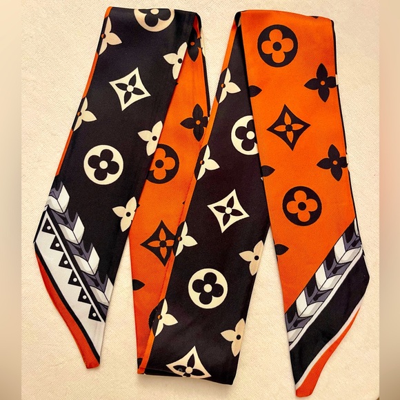 Orange and Black Monogram Patterned Twilly Bandeau Scarf Wrap - Picture 3 of 5